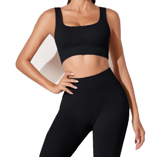 JN JANPRINT Workout Outfits for Women 2 Piece Set Ribbed Seamless Yoga Outfits Crop Top Leggings Exercise Sports Bra Tracksuits Set