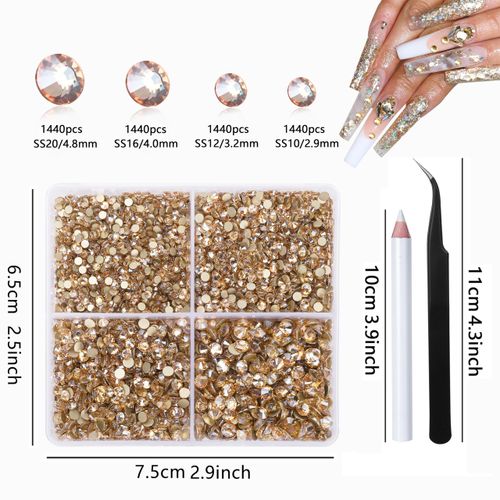 HUETFAT Gold Rhinestones Nail Gems Diamonds Crystals for Nail Art,5760Pcs Champagne Rhinestones for Crafts Ss10/12/16/20, Face Jewels Small Gems Stones Nail Charms Supplies with Wax Pencil Tweezers