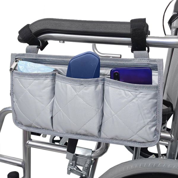 2 PCS Wheelchair Bag and Reflective Stripes, Black and Gray Wheelchair Side Bag, Wheelchair Accessories for Seniors, Wheelchair Armrest Side Bag for Manual Wheelchair, Electric Wheelchairs (Gray)