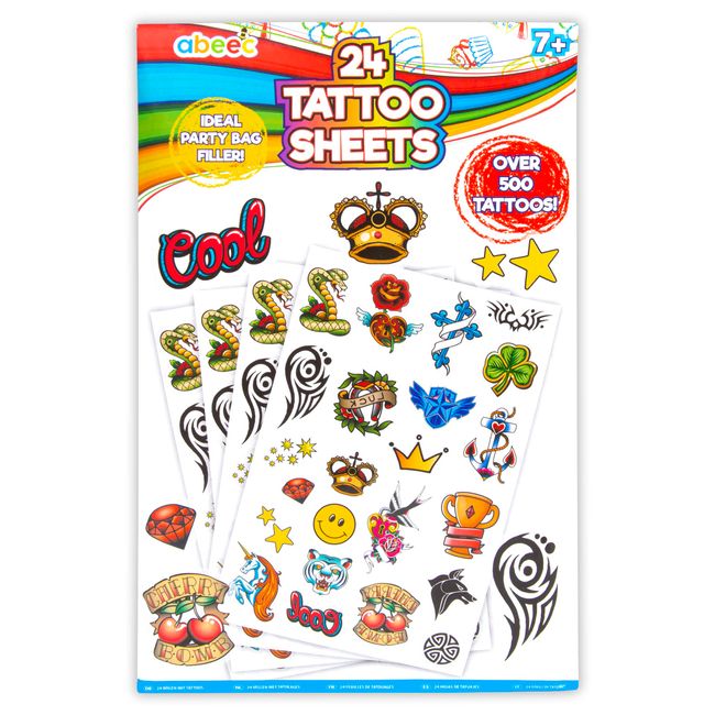 abeec 24 Sheets of Fake Tattoos - Over 500 Party Tattoos for Kids - Ideal Party Bag Filler - 23 Tattoos Per Sheet - Removable Kids Tattoos - Unisex Childrens Tattoos - Unusual Party Bag Fillers