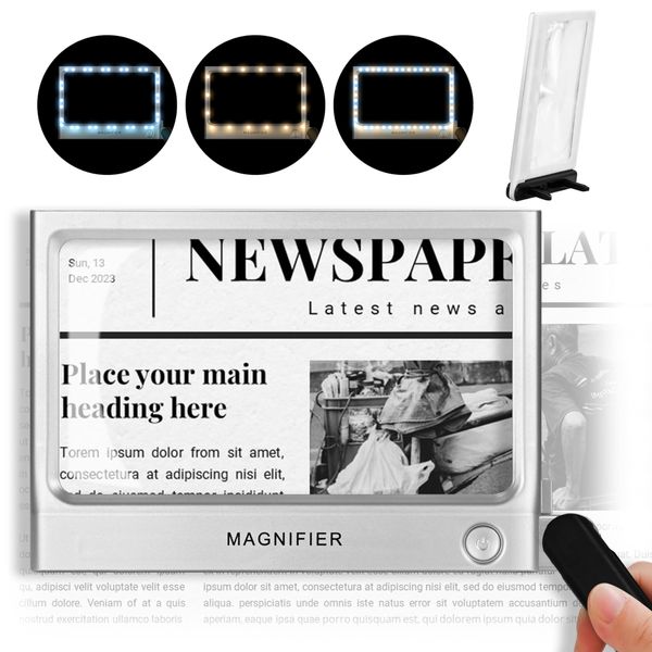 Magnifying Glass with Light, Folding Handheld 5X Large Rectangle Lighted Magnifier with Dimmable LED for Macular Degeneration Seniors Reading Newspaper, Books, Lighted Gift for Low Visions (Silver)