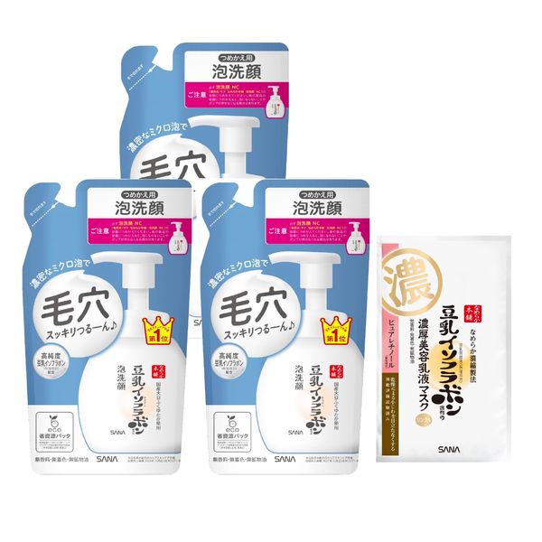 Nameraka Honpo Foam Face Wash (Refill), Set of 3 + Bonus Included, 6.1 fl oz (180 ml) x 3, Soy Milk Isoflavone