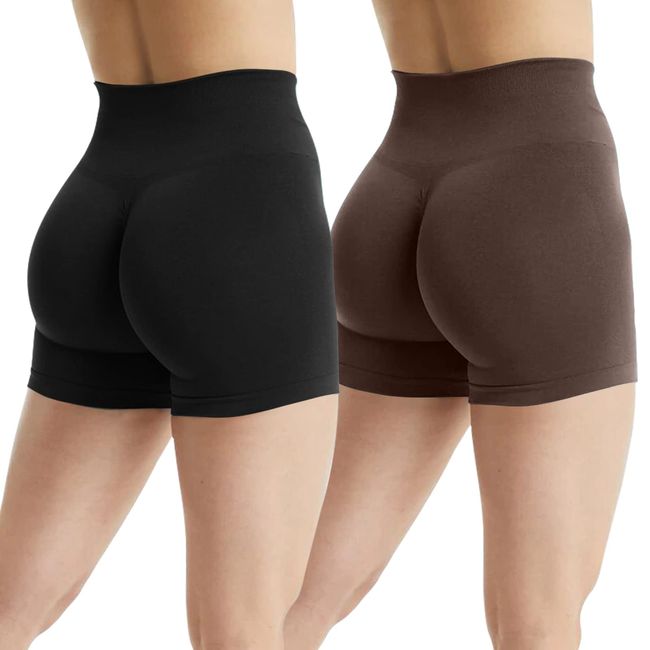 JN JANPRINT 2er-Pack Gym Shorts Damen Butt Scrunch Kurze Sporthose Laufhose Hohe Taille Leggings Kurz Radlerhosen Butt Lift Booty Nahtlos Fitness Sport Shorts(Schwarz/Braun,M)