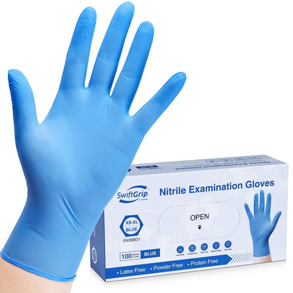 SwiftGrip Disposable Nitrile Exam Gloves, 3-mil, Blue, Nitrile Gloves Disposable Latex Free, Medical Gloves, Cleaning Gloves, Food-Safe Rubber Gloves, Powder Free, Non-Sterile, 100-ct Box (Medium)