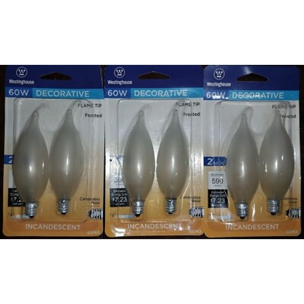 New 6ct Westinghouse 60W Decorative Frosted Flame Tip Light Bulb E12 Base