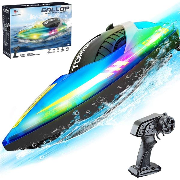 SNSUTY Remote Control Boat with LED Lights, 15+ MPH Fast, 2.4GHz High Speed Racing RC Boats for Lakes,Pool Toys for Kids & Adults, Summer Water Toys Birthday Gifts for Boys（Blue）