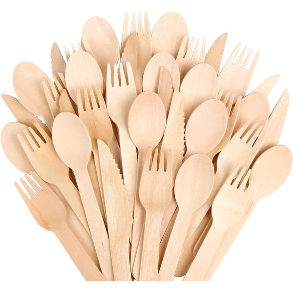 Disposable Wooden Cutlery Set 90 pcs | 30x Forks, 30x Spoons, 30x Knives | Eco Friendly Wooden Spoon,Wooden Forks,Wooden Knives | Ideal for Party, Picnic, Christmas and Home Daily Use