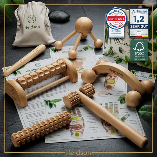 HELDSON® Premium Wooden Massage Set [6 Pieces] FSC®100% - Various Massagers & Massage Roller - Foot Massage, Head Massage, Trigger Point Pusher - Relaxation Therapy Tools - Anti Cellulite, Stress