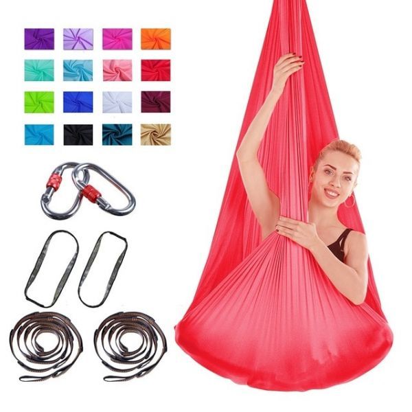 Flying yoga hammock strap yoga multifunctional anti-gravity yoga belt bodybuilding pilates full set flying swing aerial silk fabric 42M, Red