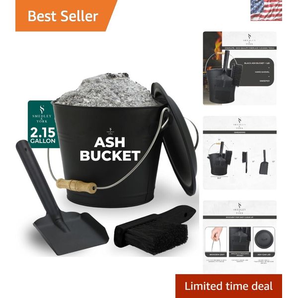 Elegant 2.15 Gallon Black Ash Bucket with Fireplace Tool Set – Lid, Shovel & ...