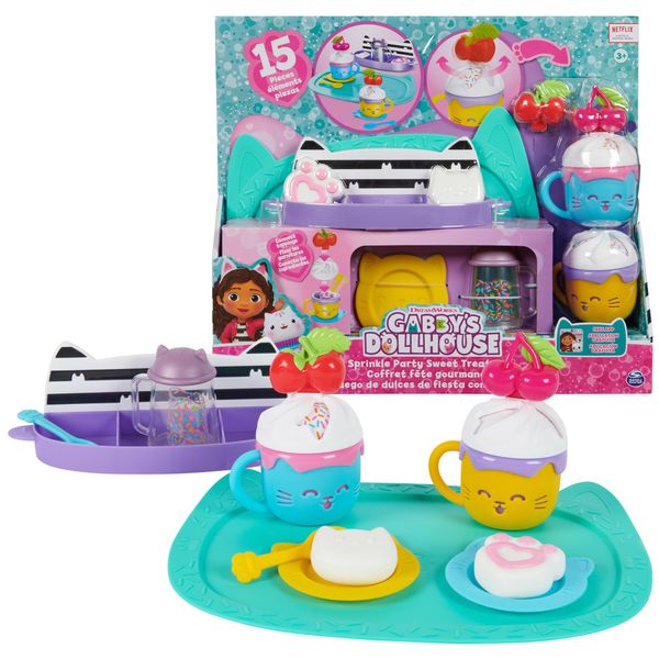 Gabby’s Dollhouse, Sprinkle Party Sweet Treat Set, Pretend Play Kitchen Hot Cocoa Party Set with Fruit & Sprinkles, Kids Toys for Girls and Boys 3+