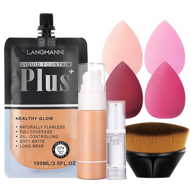 8-teiliges flüssiges Foundation-Set im Beutel, Oil Control Whitening Brighten Foundation Full Coverage Velvet Concealer Base Cream mit Gesichtsprimer, Foundation-Pinsel, Make-up-Schwamm