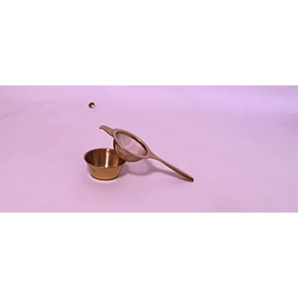 Ganam Brass single 14.5cm Long Handled Tea Strainer 4.5cm- with drip bowl boxed