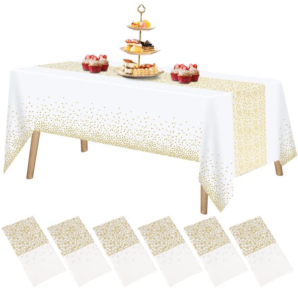 FUYOAL 6 Pieces White and Gold Table Cloth, Disposable Party Table Cloth Plastic Tablecloth Dot Confetti Party Table Cover for Picnic Baby Shower Halloween Christmas(54" x 108")