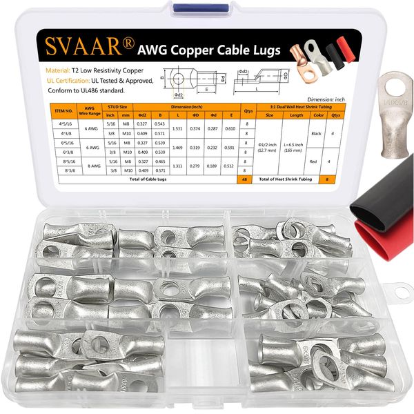 SVAAR 4 6 8 AWG Battery Cable Lug kit 56pcs Tinned Copper Battery Lugs Heavy Duty Wire Lugs with 5/16" or 3/8"Stud Battery Cable Closed End Tubular Ring Terminals Connectors with Heat Shrink Tubing.