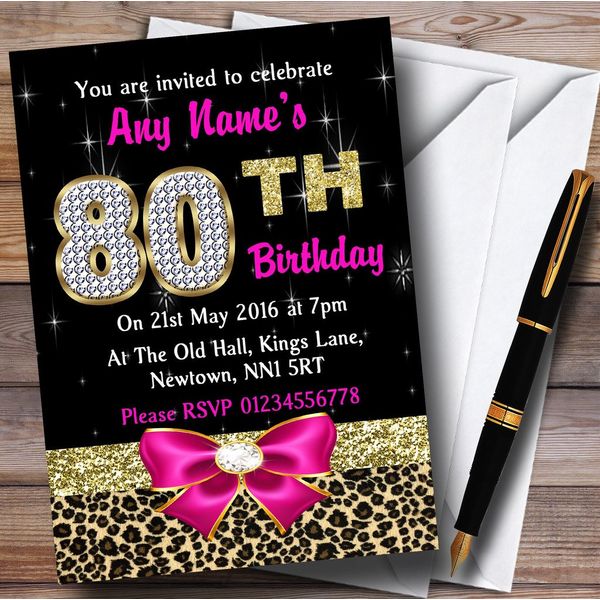 Pink Diamond and Leopard Print 80Th Birthday Party Personalised Invitations