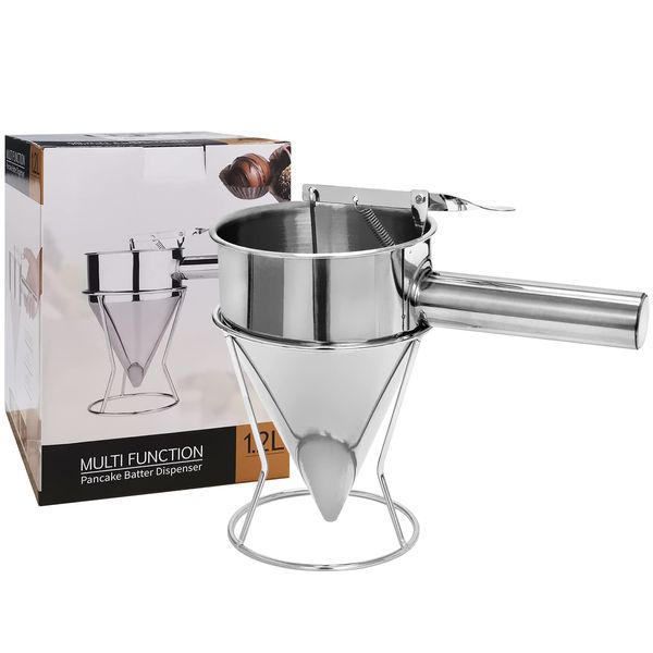 Stainless Steel Pancake Batter Dispenser, Funnel Dispenser with Stand, Detachable Handle Pancake Dispenser for Takoyaki, Baking, Cupcakes, and Waffles (1200ML)