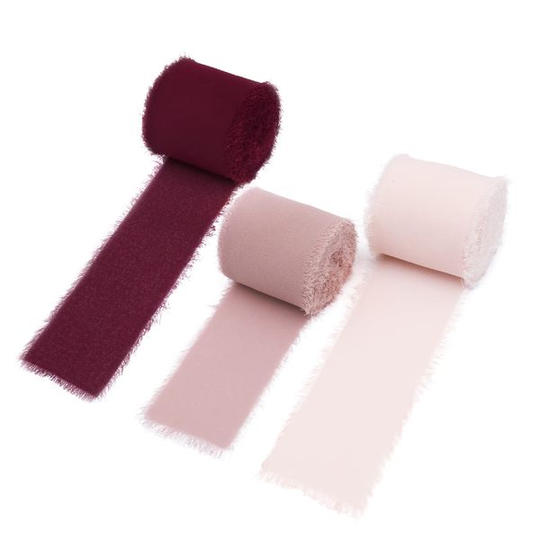 DORIS HOME 3 Rolls 2"x7Yd Fringe Chiffon Ribbon for Flower Bouquet, Handmade Burgundy & Pink Ribbon for Gift Wrapping, Frayed Edge Ribbon for Crafts, Decorating, Bouquet Wrap, Wedding Invitation