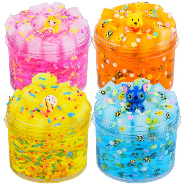 Slime Kit - 4 Pack Jelly Cube Crunchy Slime Kit, with Mermaid, Ice cream and Teddy bear Cute Charms, Soft & Non-Sticky Clear Crunchy Slime, Slime Party Favor for Girls and Boys Stress Relief Toy