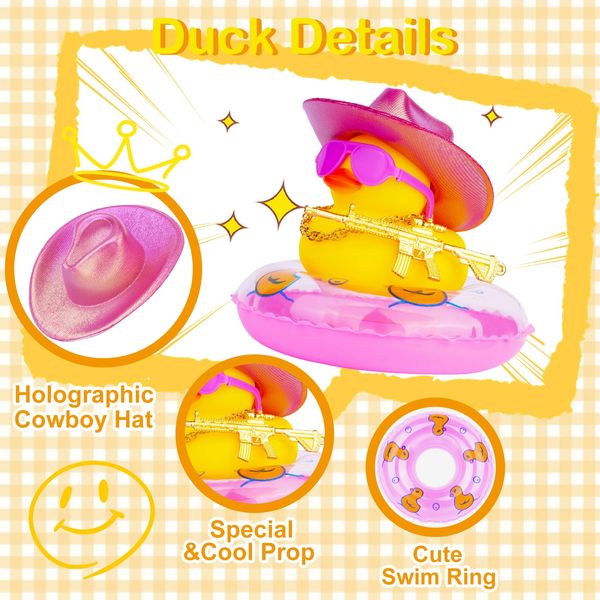 MuMyer Cowboy Duck for Cars, Rubber Duck for Car Dashboard, Cool Duck Car Ornaments Accessories with Mini Holographic Cowboy Hat Swim Tube Necklace Sunglasses and Special Prop(Ij7)