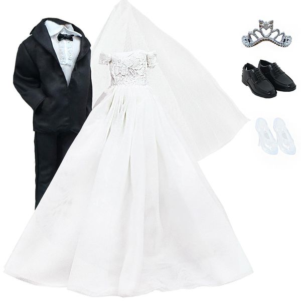 BJDBUS Wedding Set White Dress Bridal Veil and Groom Formal Suit Outfit for Boys Girl 11.5 in. Doll Clothes