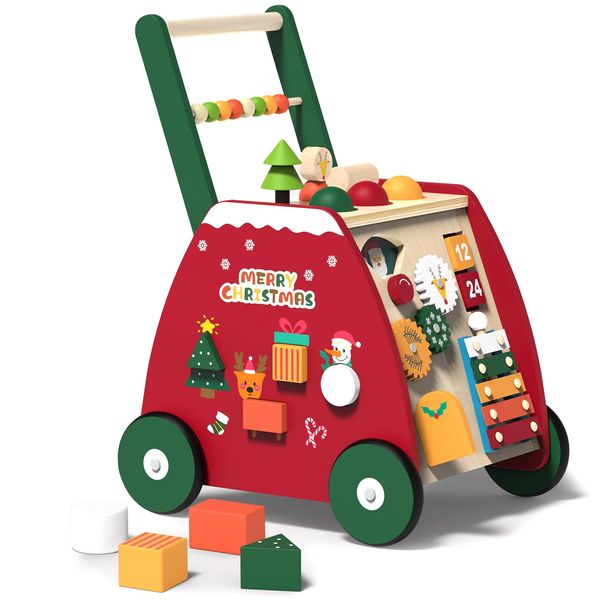 Christmas Wooden Baby Walker, Baby Push Walker, Toddler Learning Walker for Boys and Girls, Montessori Walker Toy, Baby Activity Center, Push Toys Gift for Kids Birthday, New Year