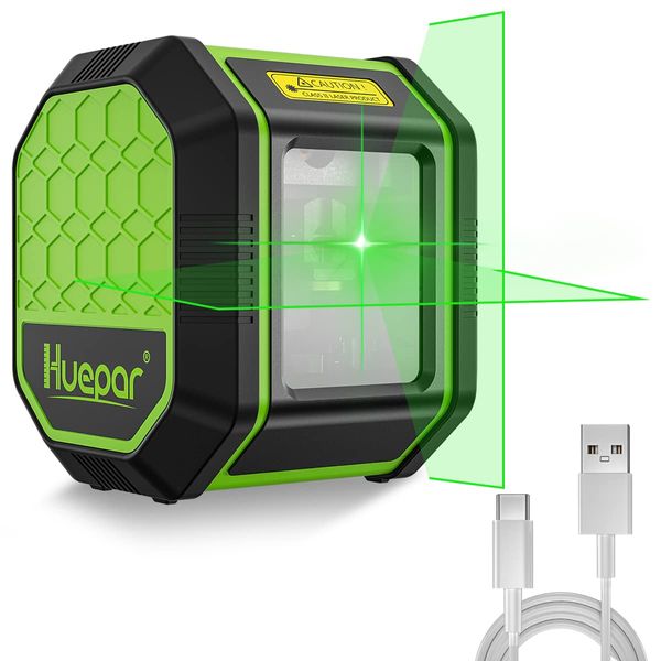 Laser Level, Huepar 30M/98Ft Self-Leveling Line Laser USB Rechargeable Li-ion Battery Green Cross Line Laser Level with Double Laser Module 2 Lines Horizontal/Vertical IP54 Anti-Splash 1.3M Shockproof