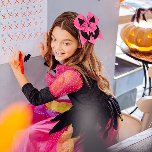 Hotop 10 Pcs Halloween Jumbo Cheerleading Bow 8 Inch Cheer Hair Bows Cheerleader Hair Bows with Ponytail Holder Halloween Hair Tie Elastic Band Hair Accessories for Teens Kids Girls (Pink)