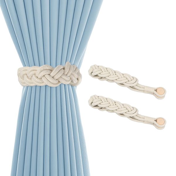 PTJJXA Magnetische Vorhang Raffhalter, Gardinenhalter, Vorhang Halter, Gardinen Halterung, Vorhang Seilhalter, Vorhang Binder, Boho Stil Seil für Gardinen, Magnetic Curtain Tiebacks Ohne Bohrer 2PCS