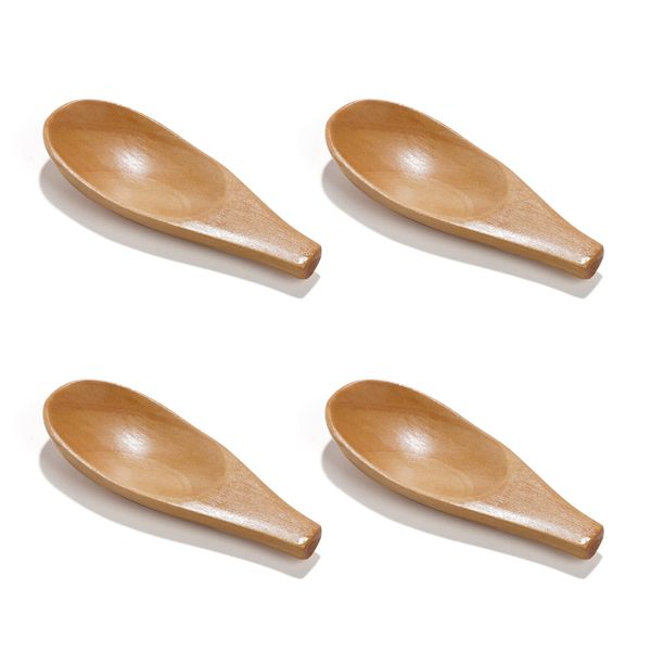 NUOMI 4 Pack Wooden Scooper Solid Wood Spoon Mini Salt Scoop with Short Handle for Loose Tea Leaves, Coffee Beans, Candy, Milk Powder, Spice, Natural Color