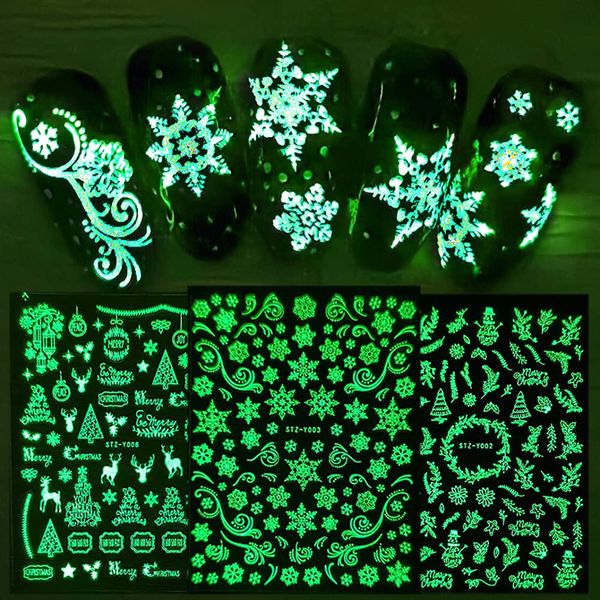 9 Blatt Nagelsticker Weihnachten Nagelaufkleber Selbstklebend Schneeflocken Reindeer Muster Leuchtend Nail Art Sticker Dekoration Nageldesign Zubehör - Glühen