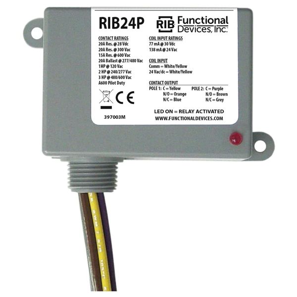 Functional Devices RIB24P Enclosed Relay, 20 Amp Dpdt with 24 Vac/Dc Coil