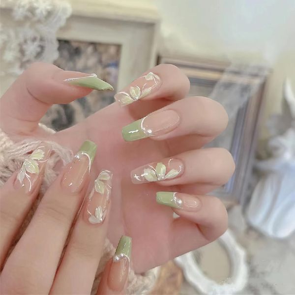 Mkwntg Green Flower Press on Nails Medium Length Fake Nails Green French Tip Ballet Coffin False Nails Camellia Flowers Full Cover Glue on Nails with Pearl Design for Women Girls Nail Art Design 24Pcs