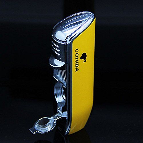 CIGAR IN STYLE Cigar Lighter, Yellow Triple 3 Jet Flame Refillable Butane Torch Lighter with Punch