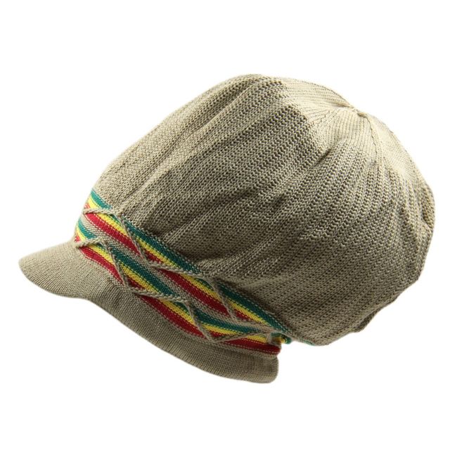 RW 100% Cotton Rasta Dreadlock Wave Beanie Visor (Khaki/Rasta), One Size