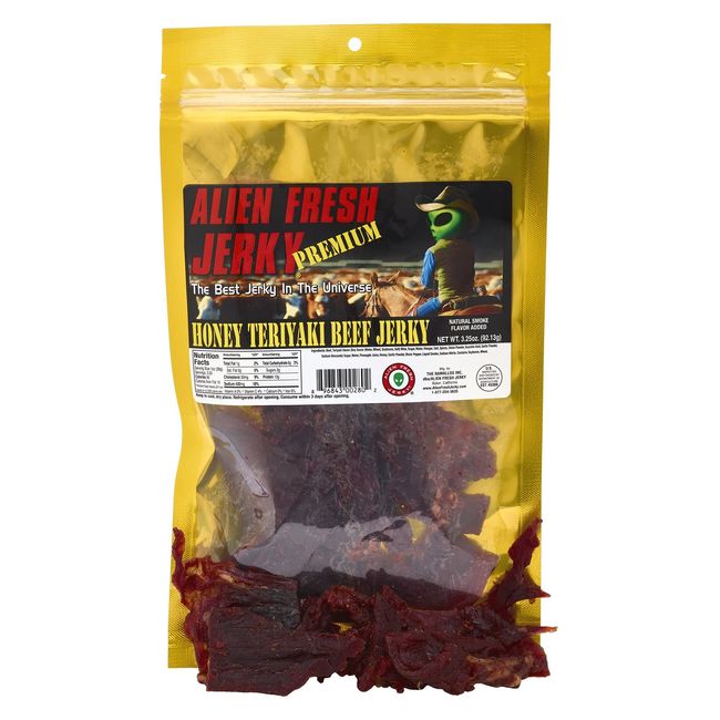 Alien Fresh Jerky - Classic - Honey Teriyaki - Premium Beef - Low Calorie Snack - The Best Jerky In The Universe - 3.25 OZ - Made In USA