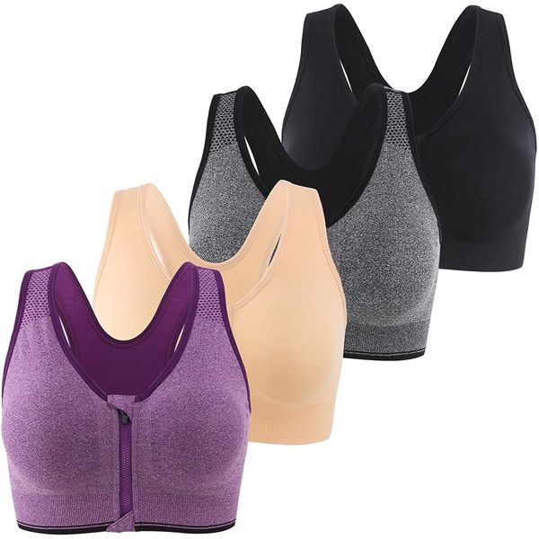 INIBUD Women's Sports Bra Post-Surgery Bra Zip Bra Zipper Front Wirefree Removable Pads Yoga Bra Zip Sports Bra (4 Pack (Bbpg), X-Large)