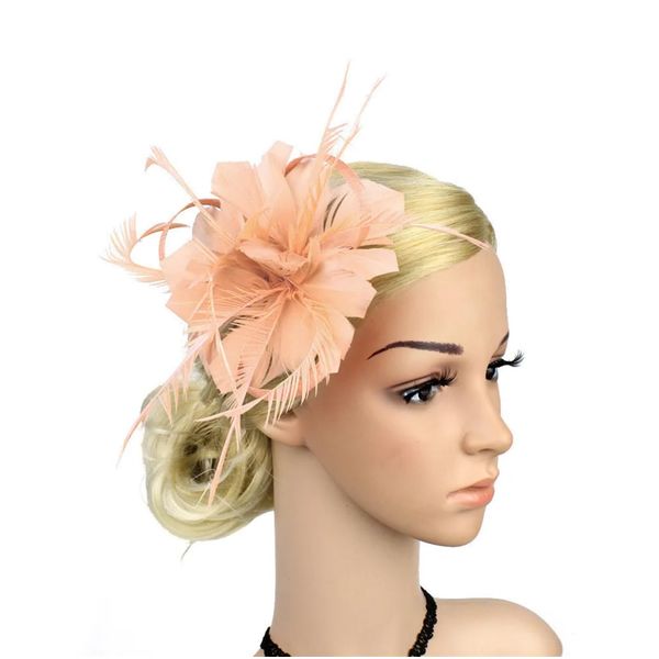 Golden Apple Flower Side Clip Fascinator Gatsby Flapper Feather Clip Hair Barrette Vintage Wedding Brooch Pin (Nude Pink)