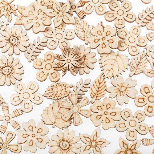 100 Pack Wooden Flower Cutouts for Crafts, 20mm Wood Spring Ornaments to Paint Unfinished Blank Flowers Leaf Pieces Pattern Small Wood Embellishments for Home School DIY Craft Decoration (7 Styles)