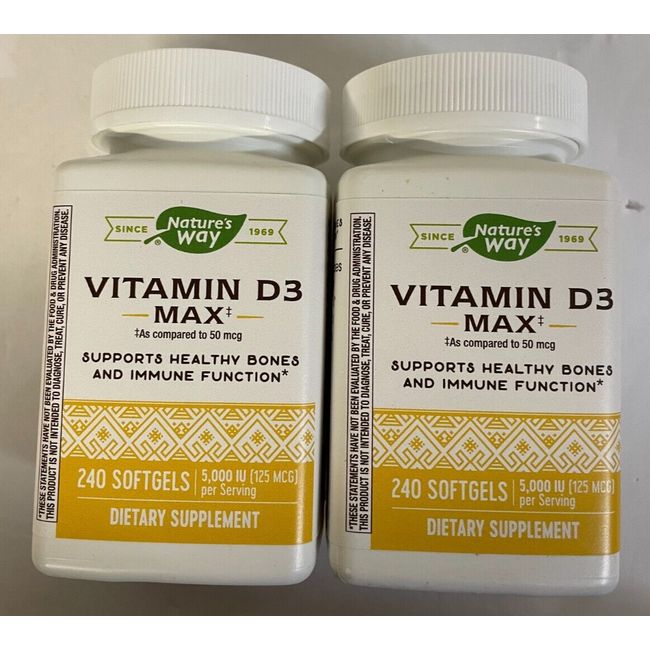 Lot of 2 Nature's Way Vitamin D3 Max, 5000IU/125 mcg, 240 Softgels Each