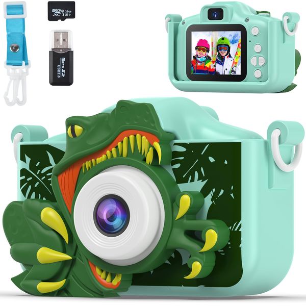 Dinosaur Camera for Kids with Cartoon Silicone Cover, Digital Mini Camera Toys for 3 4 5 6 7 8 9 10 11 12 Year Old Boys Girls Birthday Chirstmas Gifts Ideas - 1080P and 32G SD Card (T-REX Green)