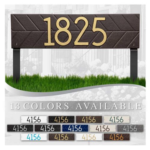 Whitehall™ Personalized Cast Metal, Lawn Mounted Address Sign - The Mid-Century Modern Herringbone Horizontal Plaque. Made in the USA. Display your address Custom house number sign.