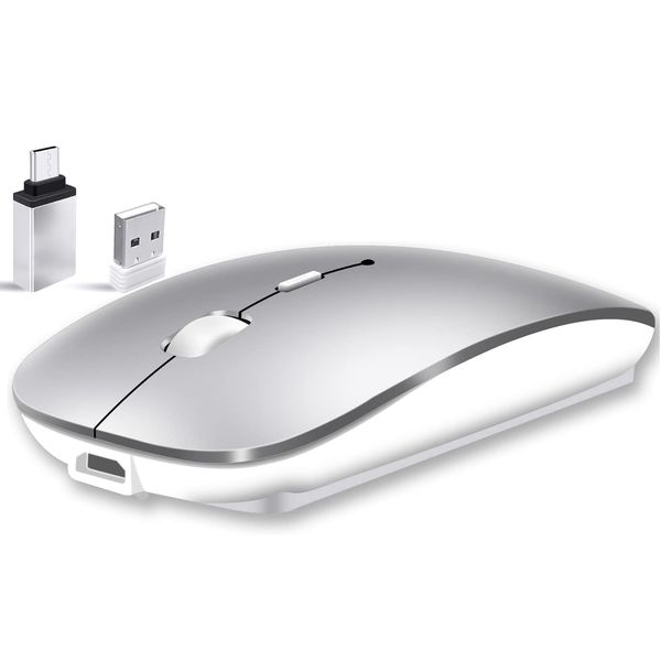 Qxvnm Wireless Mouse Bluetooth, (USB 2.4 GHz + Bluetooth 5.2 + USB-C Adapter) Rechargeable Wireless Mouse for Macbook Pro/Air/Mac/iPad/Laptop/Chromebook/Computer/Android tablet(Silver)