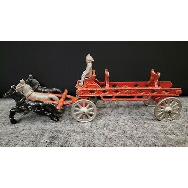 STANLEY TOYS (USA) Vintage Cast Iron 13" Toy Horse Drawn Fireman Wagon Carriage