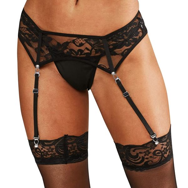 TOEECY Women Suspender Belt Set Black Lace Lingerie Set with 4 Strap Slim Garter Belt and G-String Sexy Thigh Garter Garter Socksgarter (L)