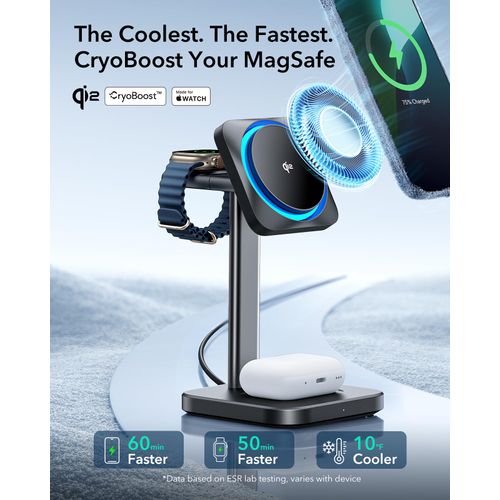 ESR for MagSafe Charger Stand, 3 in 1 Charging Station with CryoBoost, Phone-Cooling Wireless Charging Station, Qi2 Certified 15W MagSafe Stand, for iPhone16/15/14/13/12, AirPods, Apple Watch, Black
