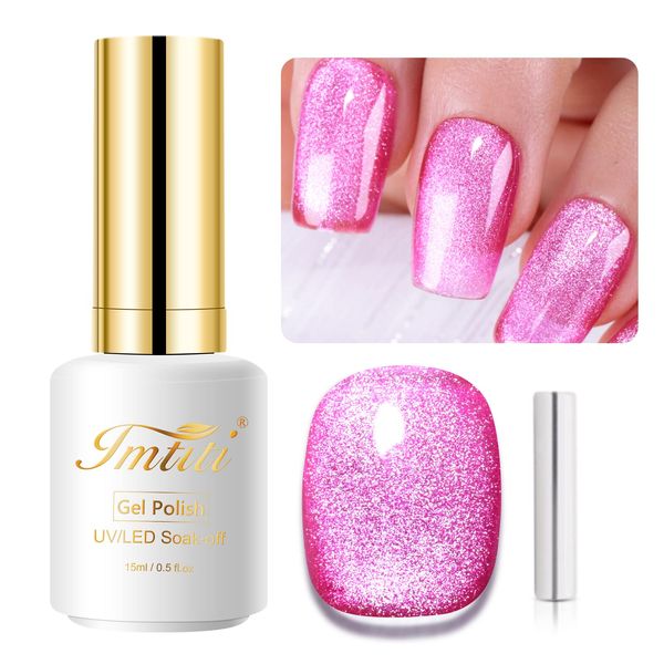 Imtiti MediumVioletRed Color Gel Nail Polish,0.5fl oz Holographic 9D Cat eyes Glitter Magnetic Gel Polish UV Gel Nail Polish with Magnetic Stick for Nail Salon