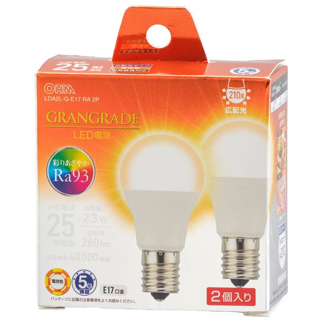 Ohm (OHM) LDA2L-G-E17 RA 2P 06-5554 Electric LED Bulb, Small LED Bulb, 25 Shape Equivalent, 25 W Equivalent, Light Bulb Color, Ra93 High Color Rendering Compatible with Sealed Fixtures, Insulation