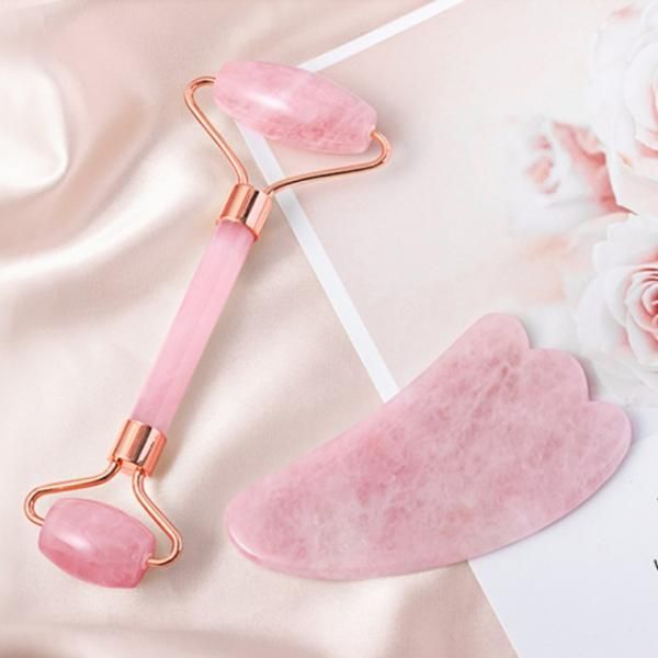 Rose Quartz Heart Gua Sha Facial Face Lifting Lymph Circulation Meridian Massage Roller Beauty Jade Massager 2 Piece Set 2color M1