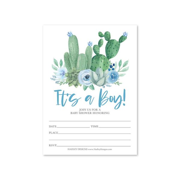 25 Blue Cactus Baby Shower Invitations, Sprinkle Invite For Boy, Coed Fiesta Gender Reveal Theme, Cute Desert Garden DIY Fill or Write In Blank Printable Card, Boho Green Succulent Party Supplies